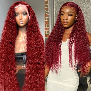 Perruque Lace Frontal Wig brésilienne naturelle, cheveux humains, Deep Wave, couleur bordeaux 99j, 13x6 Hd, 13x4, sans colle, bouclée, pre-plucked