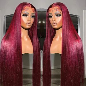 Perruque Lace Frontal Wig sans colle naturelle, cheveux lisses, rouge bordeaux 99J, 13x6, avec Closure transparente, pour femmes