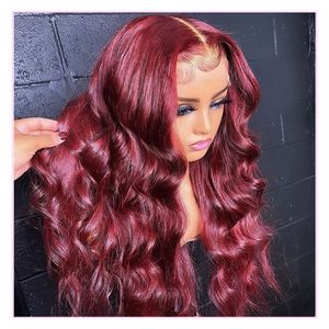 Perruque Lace Frontal Wig naturelle Body Wave rouge 99J, cheveux colorés, sans colle, 13x4 13x6, perruque Lace Frontal transparente HD, 30 36 pouces