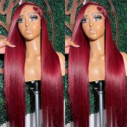 Pelucas de cabello humano de simulación frontal de encaje rojo 99J, pelucas de cabello humano liso brasileño de color burdeos 13x4, peluca con cierre frontal de encaje transparente, pelucas sin pegamento para mujeres