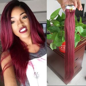 99J Red Wine Straight PU Skin Weft Remy Hair 100g 40pcs Tape In Human Hair Extensions