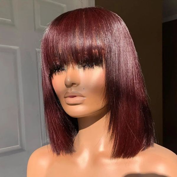 99J court droit Bob perruques avec frange bordeaux rouge couleur sans colle Bob perruque brésilienne vierge cheveux humains perruques pour les femmes noires