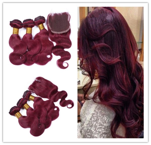 El cabello humano brasileño rojo vino 99J teje con cierre 4 piezas / lote cabello virgen brasileño de Borgoña 3 paquetes con cierre de encaje 4x4 Body1558011