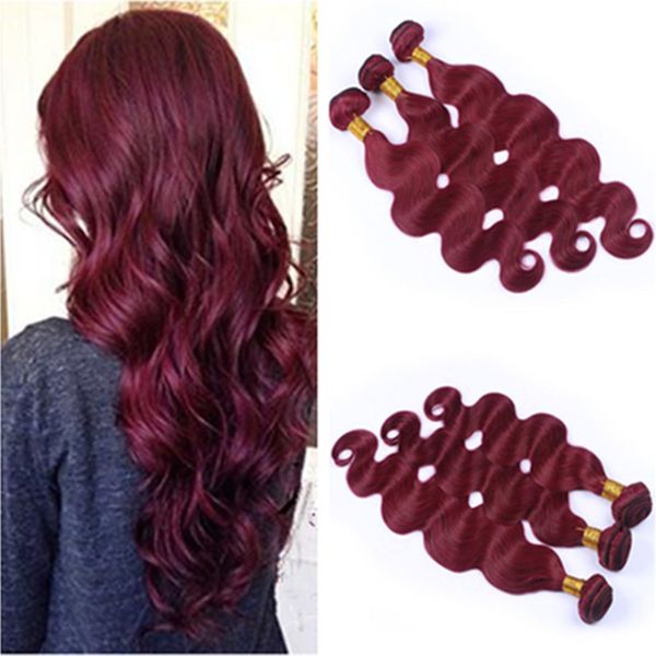 # 99J Extensiones de cabello humano rojo vino Onda del cuerpo Virgen brasileña Borgoña Paquetes de tejido de cabello humano Venta al por mayor Onda del cuerpo 3 piezas Lote Tramas dobles