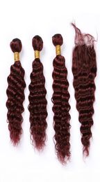 99J VIN RED MALAYSIAN ENFEE DEED CHEILS HUMAINS 3 Poules et fermeture Bourgogne Red Sevins Deep Wave Curly Virgin Hair Extensions With4017707