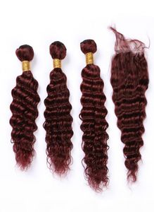 99J Wijn Red Maleisische Maleisische Deep Wave Human Hair 3 Bundels en Sluiting Bourgondië Rood Weeft Deep Wave Curly Virgin Hair Extensions with1226438
