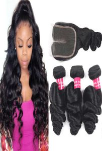 9A Brésilien Loose Vierge Vierge Extensions de cheveux entiers 34BUNDLES AVEC 4X4 CLOSE DE LACE CURNELLE BONDES HEURES HUMAINES EN VAGE HUMAINS AVEC 8881379