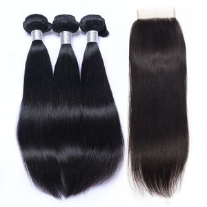 9A Braziliaanse Virgin Straight Haarbundels met Kantsluiting Onverwerkte Brazillian Menselijk Haar Weave Closures Natural Color Remy Hair Can Dye