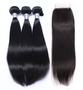 9A Bundles de cheveux raides vierges brésiliens avec fermeture en dentelle non transformés fermetures de tissage de cheveux humains brésiliens couleur naturelle Remy Ha3553598