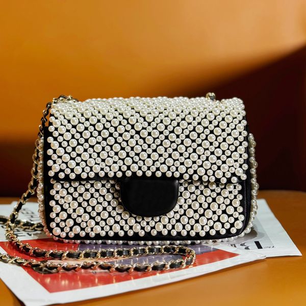 Bolso de diseñador 9A, bolso de mano de perlas blancas romántico y lujoso de gama alta, bolso de mano de mujer de tamaño clásico de 20cm con solapa