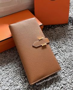 9A Cartera de diseñador para mujer, billetera para hombre, billetera de cuero de piel de becerro Epsom, billeteras con cremallera única, bolso clásico largo para dama con tarjeta de caja naranja