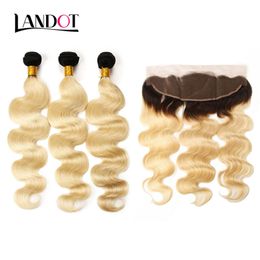 9A Grade Ombre 1B / 613 Blonde Braziliaanse Peruviaanse Maleisische Indiase Body Wave Virgin Menselijk Haar Weeft 3 Bundels met 13x4 Kant Frontale sluiting