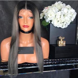 9a Simulation gris ombre de haute qualité perruque avant de cheveux humains Long Straitement 360 Lace Frontal Wigs synthétiques pour les femmes noires