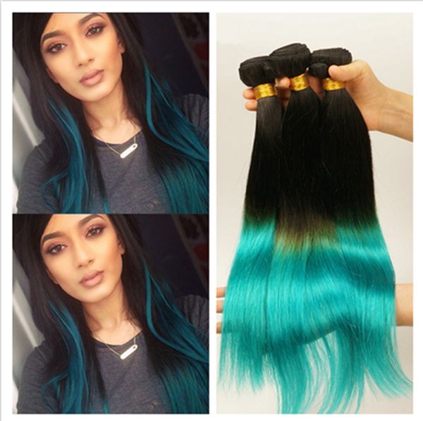 9A Malaisie 1B Teal Deux Tons Humains Vierges Faisceaux de Cheveux 3 Pcs Lot Soyeux Extensions Droites Sombre Racines Sarcelle Vert Ombre Tissage de Cheveux Humains