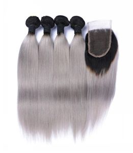 9a Maleisisch 1BGray Hair Weave 4 bundels met kanten sluiting zilvergrijs ombre menselijke haaruitbreidingen met sluiting 1B grijs zijdeachtige str7269743