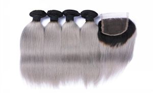 9a Maleisisch 1BGray Hair Weave 4 Bundels met kanten sluiting zilvergrijs ombre menselijke haaruitbreidingen met sluiting 1B grijs zijdeachtige STR8084255