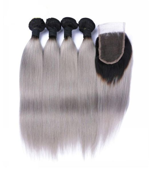 9A Malasia 1bgray Cabello Weave 4 Bundles con cierre de encaje Extensiones de cabello humano de ombre gris plateado con cierre 1b gris silky str7269743