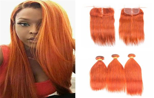 9A Nouvelle Pure Couleur Orange Soie Droite Vierge Brésilienne Cheveux Humains Weave 3 Bundles Avec Partie Moyenne 4x4 Dentelle Top Fermeture 4Pcs Lot2177152