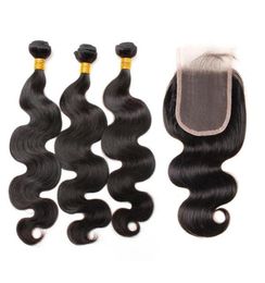 9A Trames de cheveux humains péruviens non transformés avec fermeture en dentelle Couleur naturelle 3PC Hair Bundles 1PC Top Closures 4x4 Virgin Extensions9576327