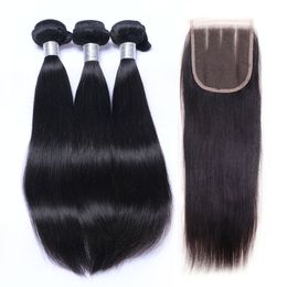 9A Peruaanse Maagd Haarbundels met Kantsluiting Onverwerkte Peruaanse Rechte Menselijke Haar Weave Closures Natural Black Color Remy Hair