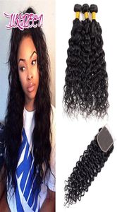 9a Peruvien Water Wave Coiffes with Close 3 Bundles with Closure Human Heuvien Wet and Wavy Cheveux avec 4x4 Clôture Wavy269G1524856