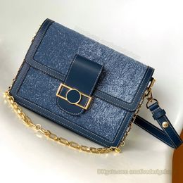 9a Bolso de hombro Dauphine Denim Azul Lavado de arena Jacquard Jacquard Weave Tote Messenger Bag Strap Lock Metal Vintage Casual 59716 20cm 59631 25cm con caja L207