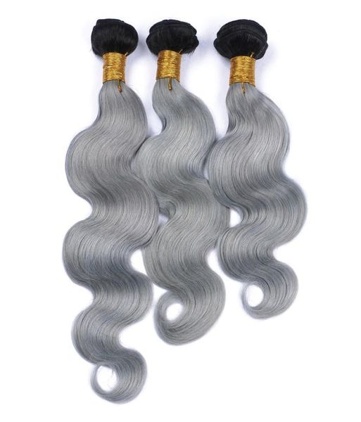 9A Virgen Brasileño 1BGrey Ombre Cabello Humano 3 Unids Extensiones de Cabello Onda Del Cuerpo Raíces Oscuras Plata Gris Ombre Cabello Humano Brasileño Weav6371908