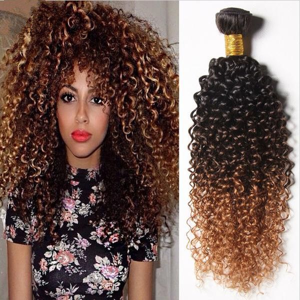 Virgin Brazilian Kinky Curly Ombre Tramas de cabello humano 3 piezas / lote # 1B / 4/27 Honey Blonde 3Tone Ombre Brazilian Virgin Human Hair Weave Bundles