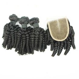 9A Virgin Peruvian Funmi Haar 3bundles met 1pc 4x4 Kantsluiting 4pcs Lot Peruviaans Tuny Funmi Menselijk Haar met Sluiting Romantiek Krullen