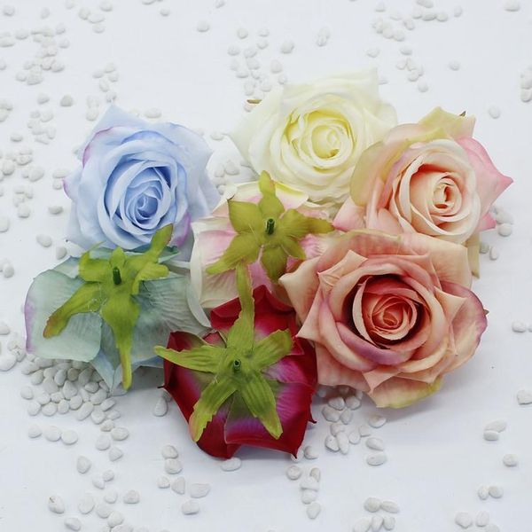 Têtes de roses artificielles en soie, 9cm, bricolage, décoration de mariage, guirlande, couronne de fleurs, mur blanc, pêche rouge, bleu, vert, violet