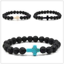 9 kleuren natuurlijke zwarte lava steen kralen elastische kruis armband etherische olie diffuser armband vulkanische rots kralen armband