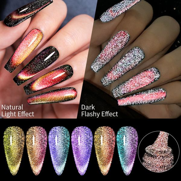 Esmalte de uñas de ojo de gato 9d UV/LED Gel de diamante triturado para salón de uñas Juego de gel de ojo de gato Esmalte de uñas de gel magnético Neón Pop Glitter Variedad Gel o DIY 6 colores 7ML Bubble Off Gel