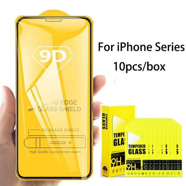 Film de protection d'écran pour iPhone, 10 pièces/boîte, couverture complète en verre trempé 9D, pour modèles 11, 12, 13, 14, 15 Pro Max, XR, XS Max, 7, 8 Plus