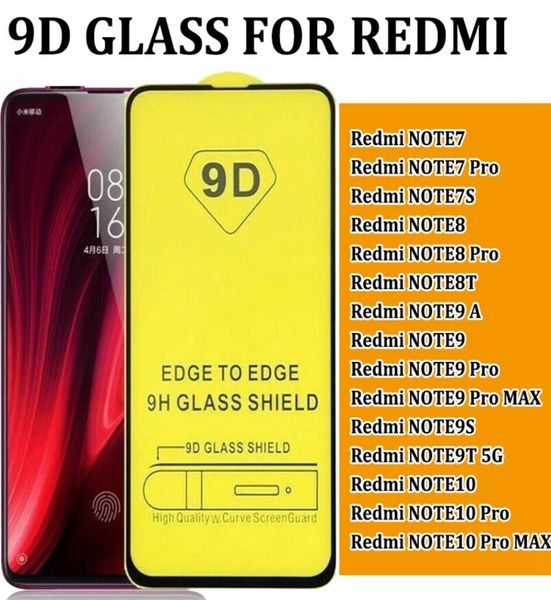 9d Couvercle complet Protecteur d'écran en verre trempé pour Red MI Redmi Note 7 Pro 7s Note 8 8t Note 9 9A Max 9s 9t Note10 10 Pro6773914