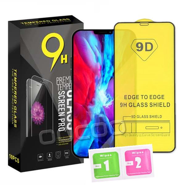 Protector de pantalla de teléfono de vidrio templado con pegamento completo 9D para iPhone 14 13 12 MINI PRO 11 XR XS MAX Samsung Galaxy S22 S21 Plus A33 A53 A52 A72 5G A51 A71 A02S con paquete al por menor