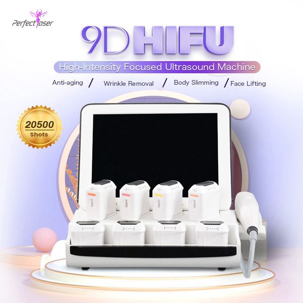 Máquina de estiramiento facial 9D HIFU Equipo de belleza para el cuidado de la piel 8 cartuchos de tratamiento diferentes Equipo de estiramiento de la piel HIFU 20500 disparos