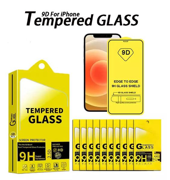 Protecteurs d'écran 9D pleine colle 9H verre trempé pour iPhone 14 Pro Max 13 12 11 XS XR X 8 Samsung S21 S20 FE étui