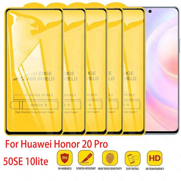 Film de verre trempé 9D pour Huawei Honor 20 Pro 50SE 10 9 Lite 20i 20S 10i X8 X7 8X 8A 9A 9X X9 9C Films de verre de protection d'écran transparent à couverture complète + boîte de vente au détail