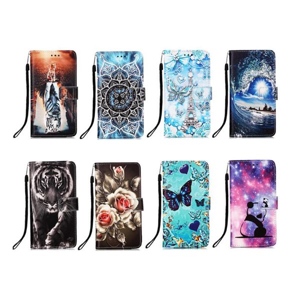 Étuis portefeuille en cuir pour Samsung S24 A35 A55 A54 S23 Ultra Plus A14 5G Moto Edge 40 Neo G Play 2024 4G Play 5G Panda Tower Lace Flower Butterfly Holder Flip Cover Pouch