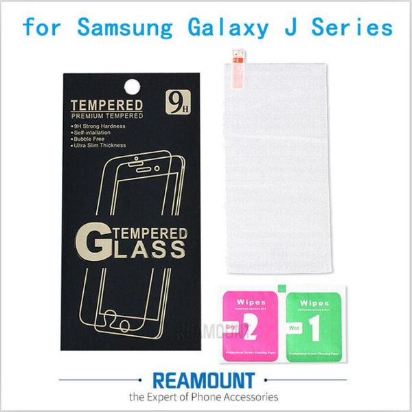 Protecteur d'écran transparent en verre trempé de dureté 9H pour Samsung Galaxy J1 J2 J3 J5 J7 Film anti-éclats avec outil de nettoyage