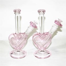 9 inch mooie hartvormige glazen bongwaterpijpen waterpijp 14 mm vrouwelijke gewricht rookpijp dab rig met roze liefde droge kruidenkom quartz banger nagels