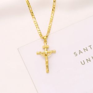 9k geel goud GF Italiaanse Inri Jezus Crucifix Cross Pendant Figaro Link Chain ketting 60 cm 3 mm voor mannen en vrouwen