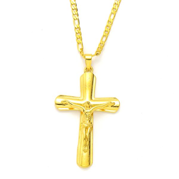 Collier en or massif jaune 9 carats GF italien Jésus Crucifix large croix pendentif Figaro chaîne à maillons 24 