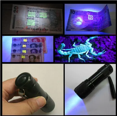 9led Alüminyum Mini Taşınabilir UV Ultra Menekşe Siyah Işığı 9 LED El feneri Torch Işık