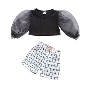 9M-5Y enfant en bas âge infantile enfant filles vêtements ensemble manches bouffantes noir t-shirt hauts Plaid Shorts automne Costumes tenues 210515