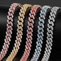 Collier de chaîne cubaine Hiphop 9 mm brillant zircon bling 14k plaqué en or petit diamant miami liaison chaîne 16cm