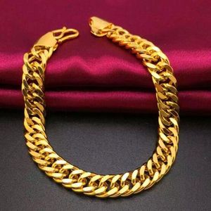 Chaîne de poignet classique à double bordure massive de 9 mm de large, en or jaune 18 carats, lien de bracelet pour femme et homme, 8,6 pouces