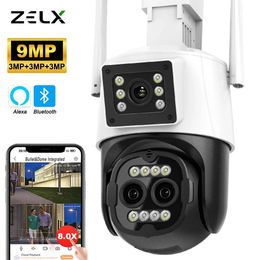 9MP 4K HD WiFi IP Camera Outdoor 8x Zoom Three Lens Dual Screen PTZ CAM Auto Tracking 8MP Security Video Surveillance CCTV Alexa 240422