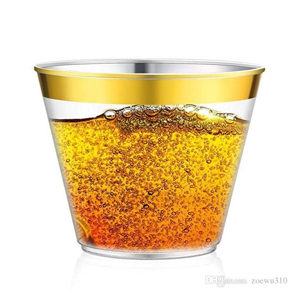 Cup aérien jetable 9 oz en or Gold Rimmed Disposable épaississeur en plastique dur Airline Cups Ps Brink Cup Party Mariage Kitchen Supplies XDH1094