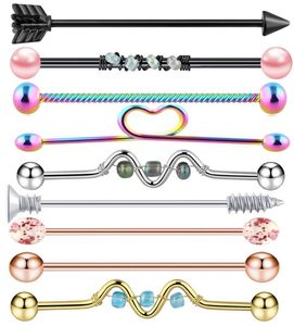 9pc 14G Industriële barbell Piercing Ear Lage Helix Stud rechte lange bar earring body sieraden vrouwen4631465